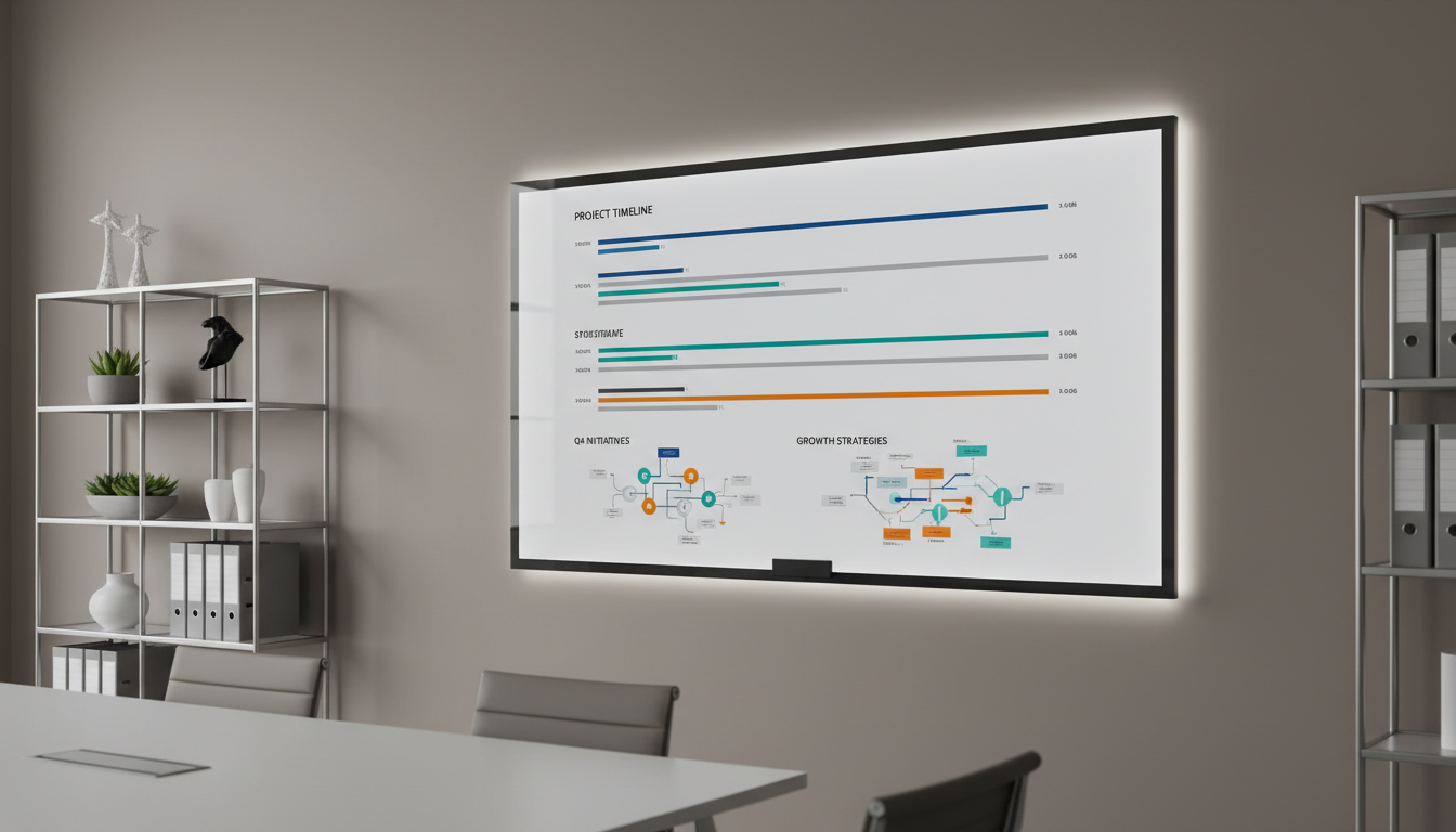 A modern, wall-mounted digital whiteboard with crisp, typed project timelines and color-coded strategy maps cleanly displayed across its glowing, anti-glare glass screen. The whiteboard is mounted on a smooth, taupe accent wall in a conference space with steel-and-acrylic shelving in the background. Cool, indirect LED strip lights frame the whiteboard, producing elegant edge highlights and minimizing harsh shadows. The environment is structured and high-tech, cultivating an efficient, forward-thinking atmosphere. Captured at a precise, slightly off-center angle to balance visual interest and symmetry, the image’s sharp focus and neutral color palette speak to professionalism and the virtual-centric nature of the consultancy division. Photographic clarity enhances the image’s authenticity.